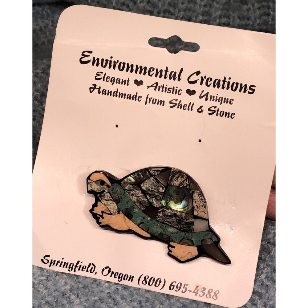 Environmental Creations Turtle Brooch Mosaic Shell Stone Handmade Artisan Pin